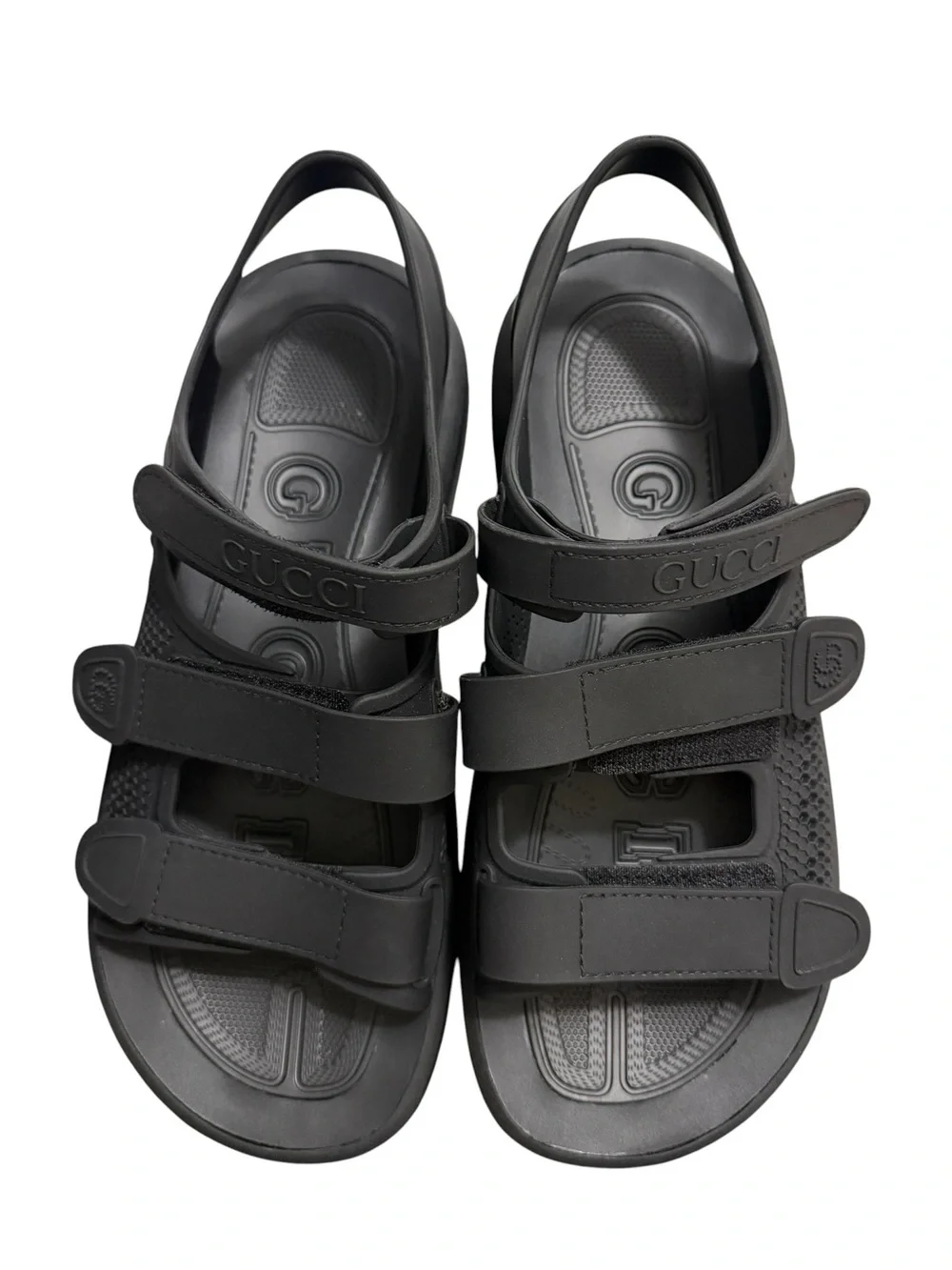 Gucci Black Rubber Honeycomb Strap Sandals, Size 8